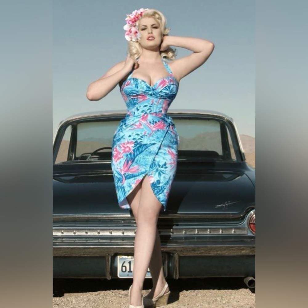 Very Rare Vintage Blue and Pink Malibu Tiki Dress by Deadly Dames, Size Small